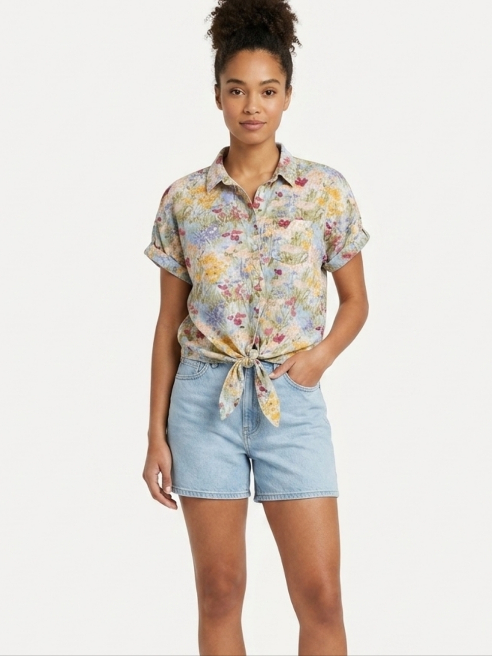 ​Of the Republic Floral Linen Blend Tie Front Shirt XS Cottagecore Boho